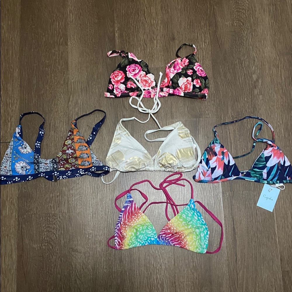 Bundle of 5 small triangular halter bikini tops neon zebra cheetah gold pink